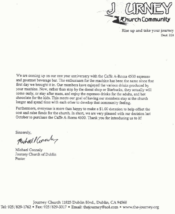 Testimonial from Journey Community Church on Espresso-Etc! Coffee Machine.